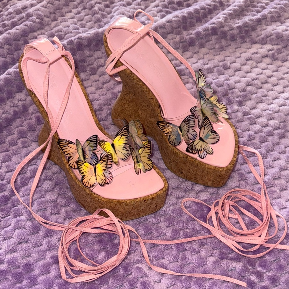 Sugar Thrillz Pink Butterfly Cork Platforms